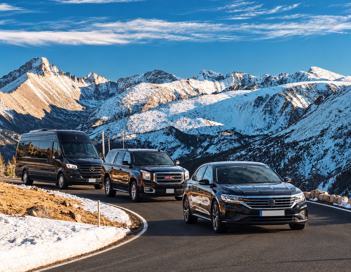 Black Mercedes Sprinter, SUV and sedan in the Colorado mountains