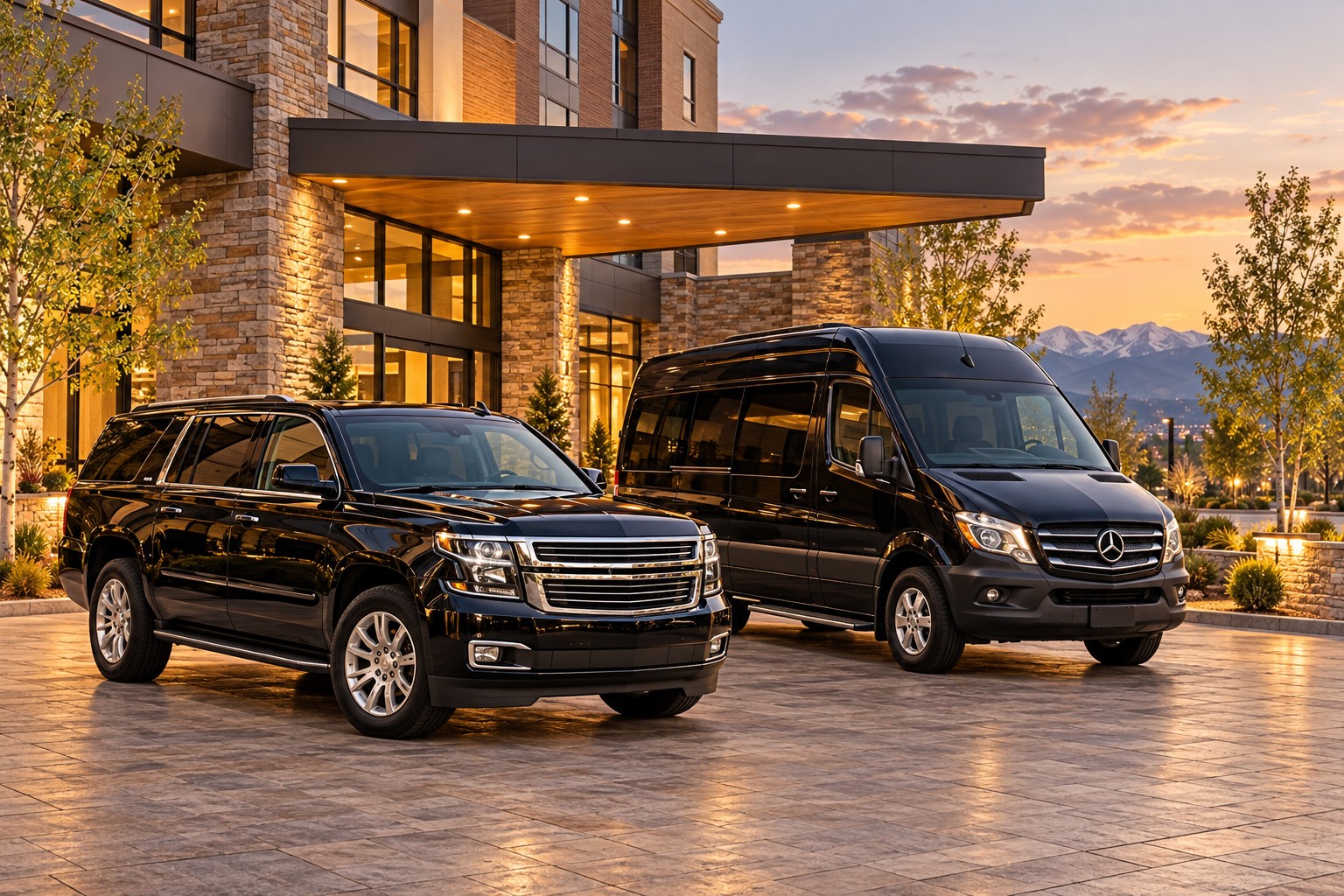 Black SUV and Mercedes Sprinter outside a hotel for Denver airport transportation to hotels